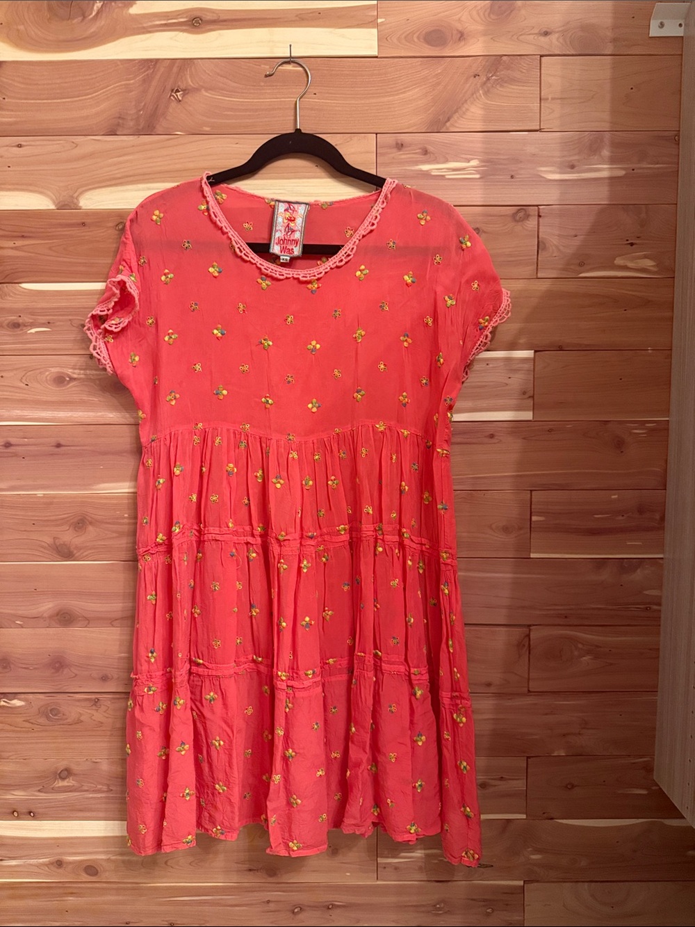 Johnny Was Coral Mini Dress with Yellow Floral Embroidery